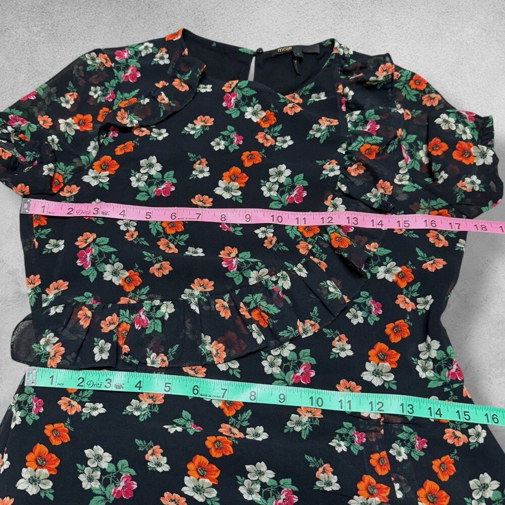 Maje Rancho Ruffle Dress 2 Black Floral Chiffon Midi Whimsigoth Cottagecore - Picture 5 of 10